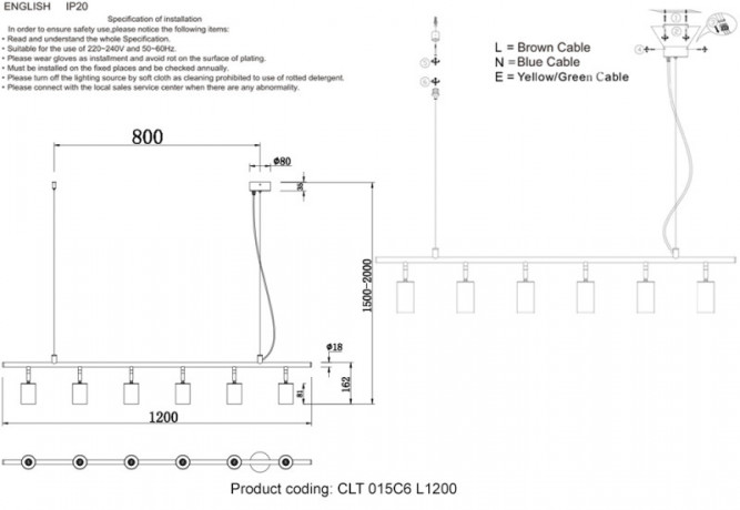 Подвесная люстра Crystal Lux CLT 015C6 L1200 BL-GO